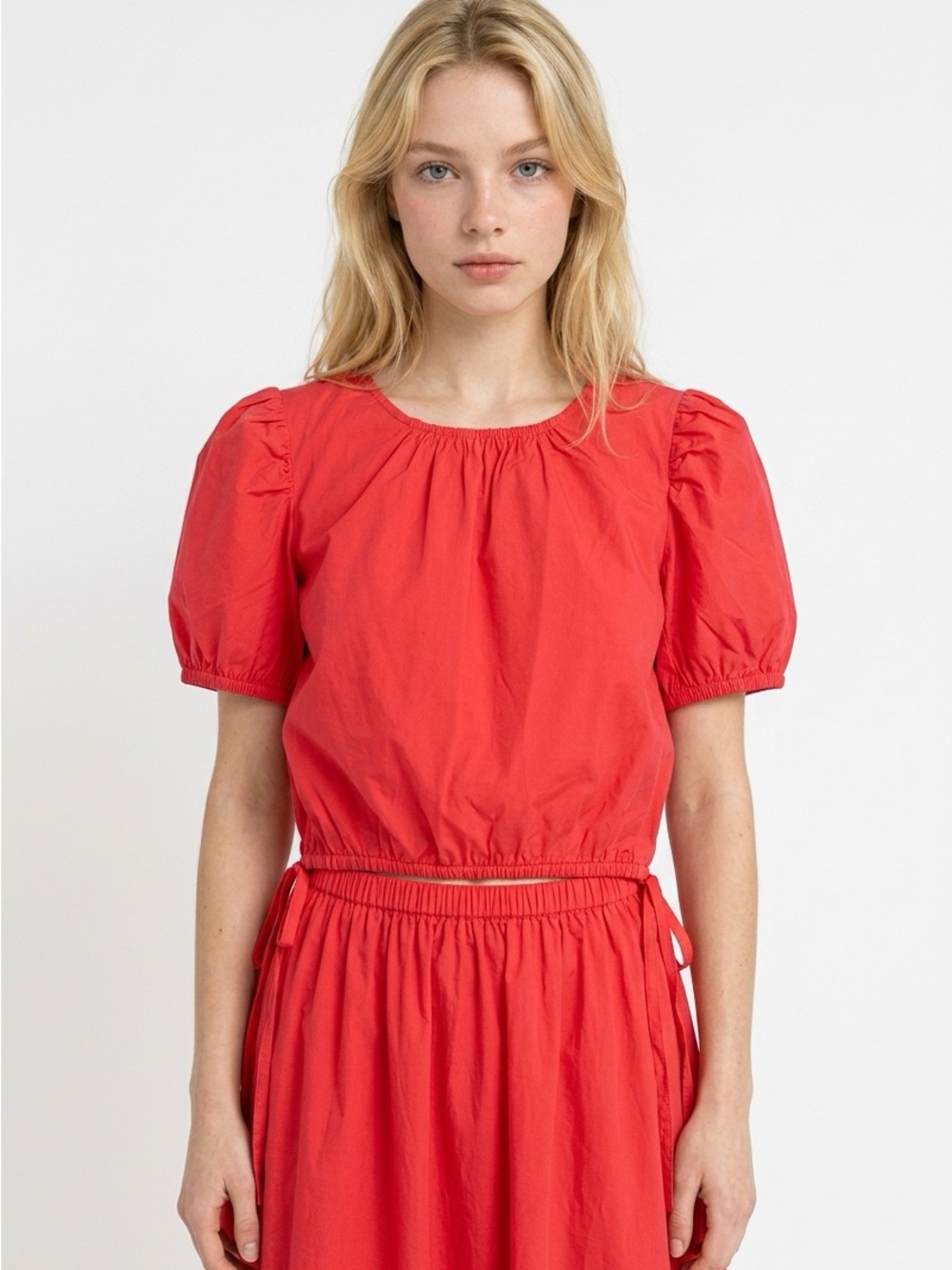 Vineyard Vines Top Womens XS Red Cropped Puff Sleeve Elastic Tie Waist